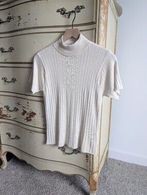 Vintage Victoria Jones Silk Short Sleeve Cable Knit Turtleneck Cream Size M